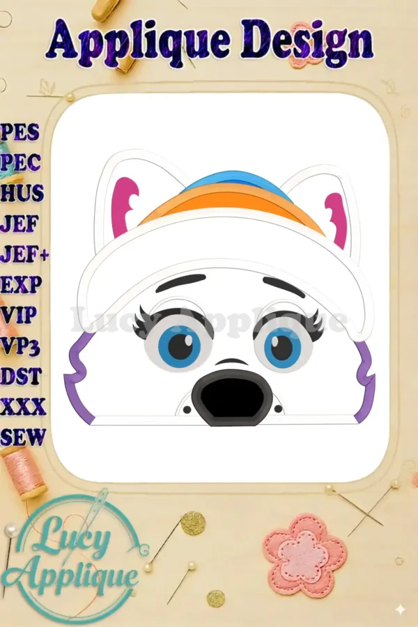 Everest Paw Patrol applique embroidery design. This image shows the main design, featuring Everest's face with a rainbow headband. It includes file format information.