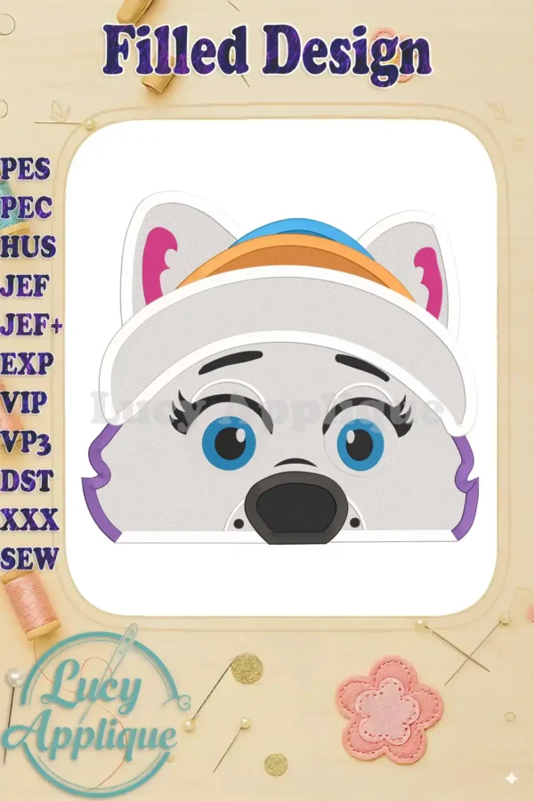 Embroidery design of Everest from Paw Patrol, wearing a hat, in white with pink and rainbow accents. A filled design, suitable for various sewing projects.