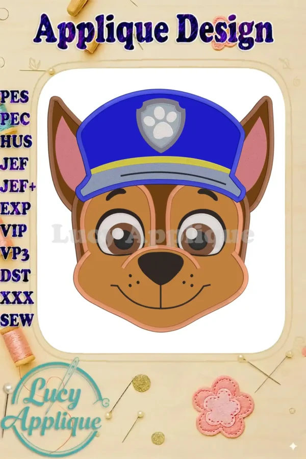 Embroidery design of Chase from Paw Patrol, wearing his police hat. Applique design in various formats (PES, HUS, JEF, etc.) for easy use on embroidery machines.
