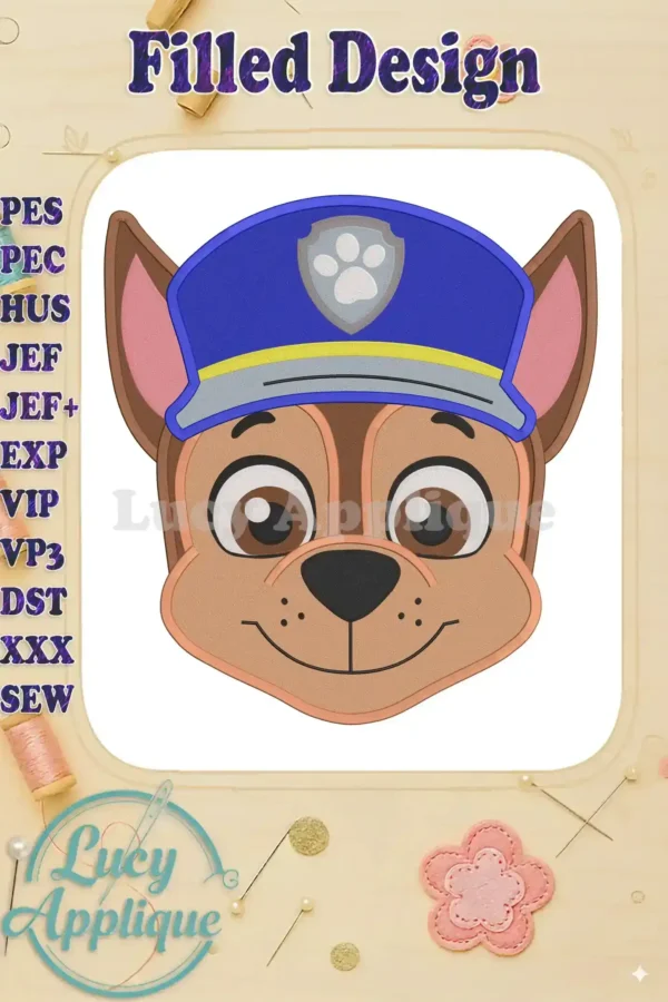 Adorable filled embroidery design of Chase from Paw Patrol, wearing his police hat. Perfect for adding a fun touch to kids' clothing or accessories.