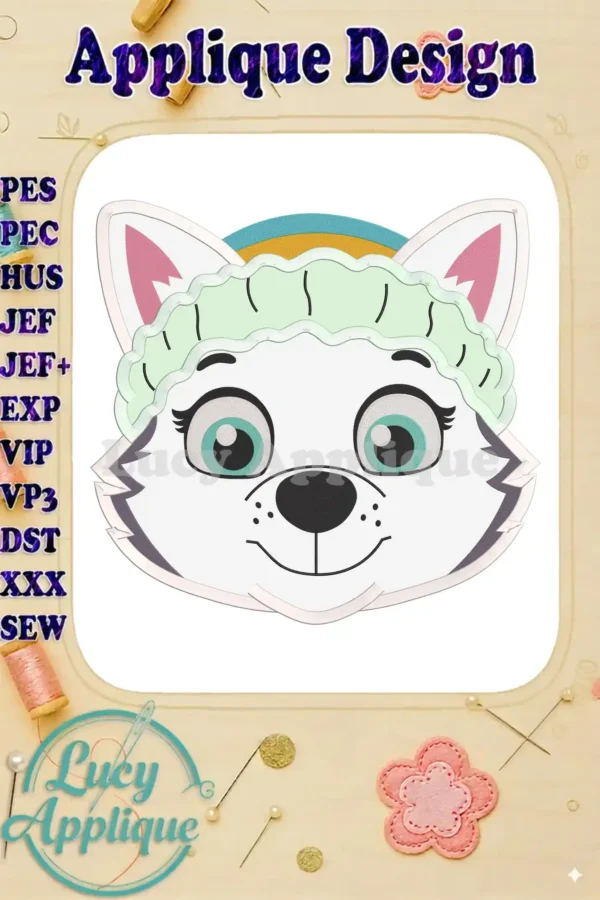 Everest from Paw Patrol's face, depicted in a white applique embroidery design, ready to be stitched. The design includes a headband and features soft, friendly eyes.