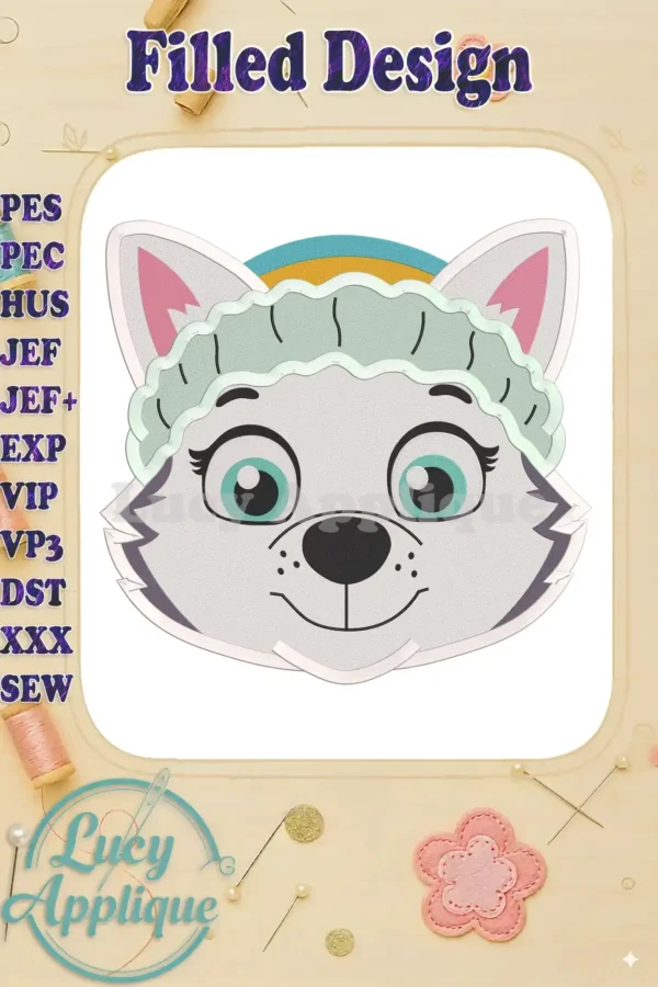 Everest from Paw Patrol in a filled machine embroidery design. This image shows the finished design with pink cheeks and a light green hat.