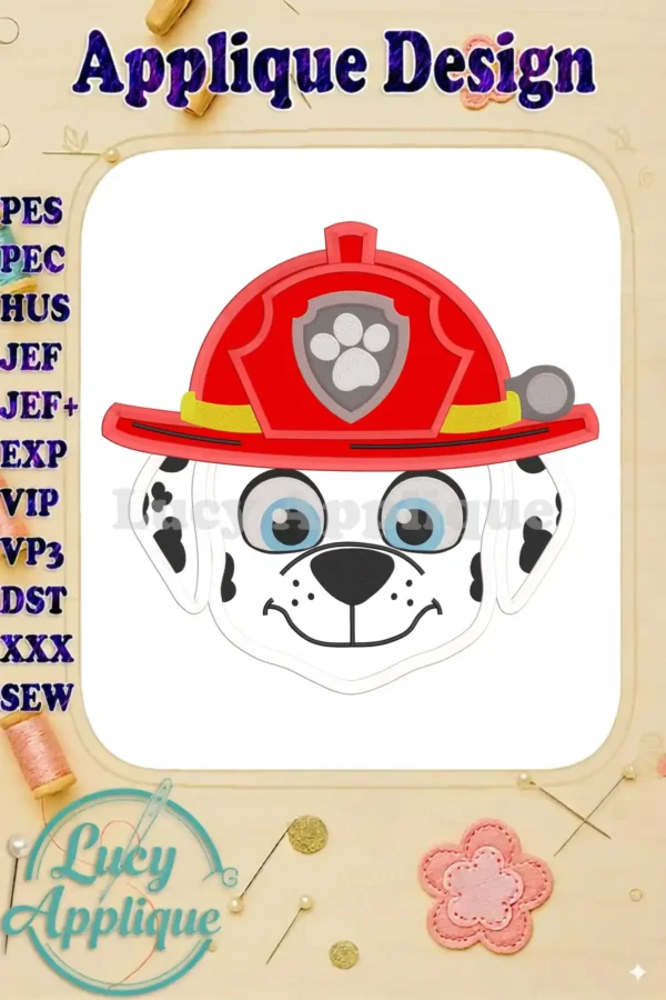 Applique design of Marshall from Paw Patrol, wearing his firefighter hat. The design is ready to be stitched using various embroidery machine formats.