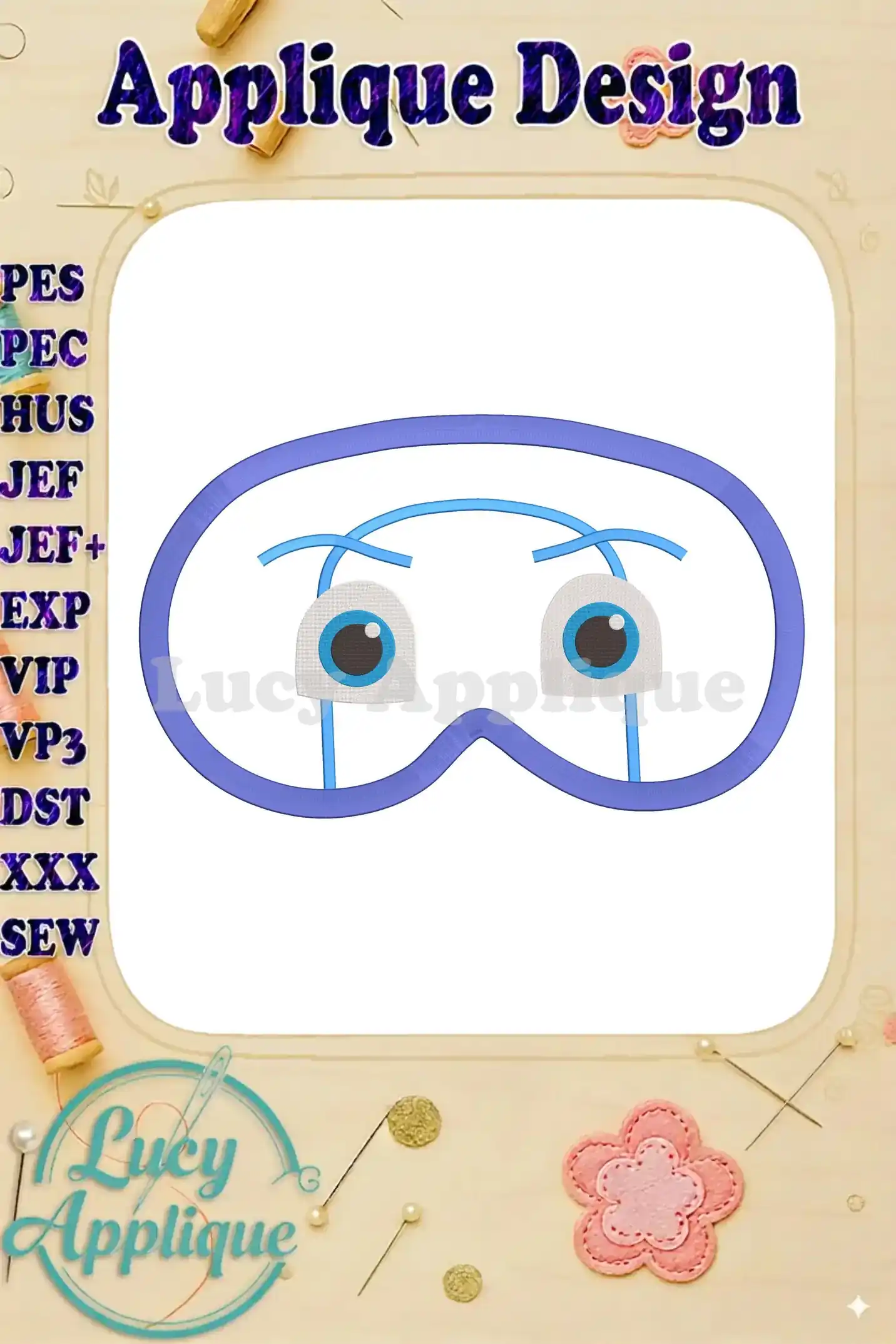 Applique embroidery design of Night Ninja's sleeping mask from PJ Masks. Features simple, bold lines and bright colors, perfect for kids' apparel.