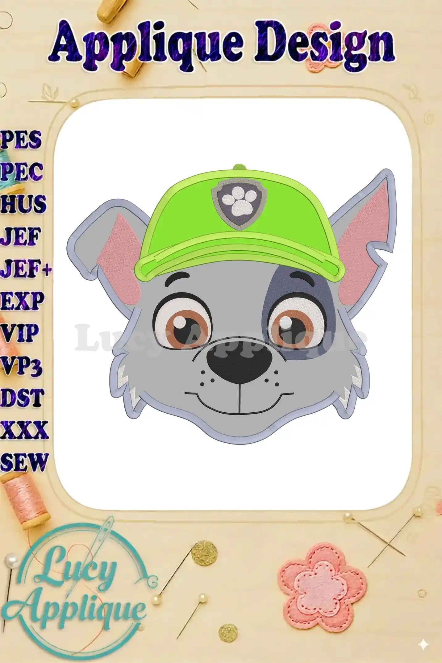 Embroidery design of Rocky from Paw Patrol, wearing his signature green hat. Applique style, detailed features, ready to stitch.