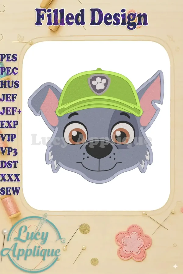 Embroidery design of Rocky from Paw Patrol, wearing his signature green hat. The design is filled and ready to be stitched. Perfect for adding a playful touch to kids' clothes or accessories.