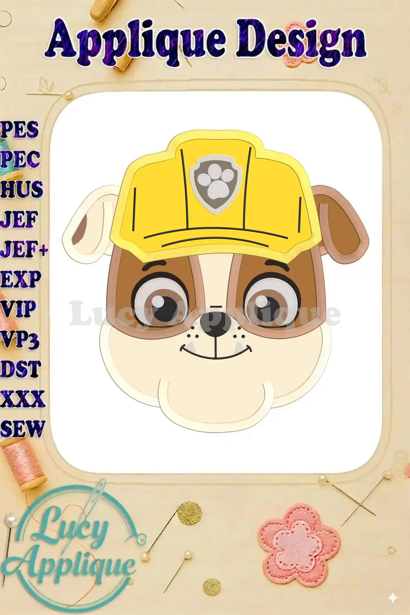 Embroidery design of Rubble from Paw Patrol wearing a yellow hard hat, shown as an applique. Perfect for kids' projects!
