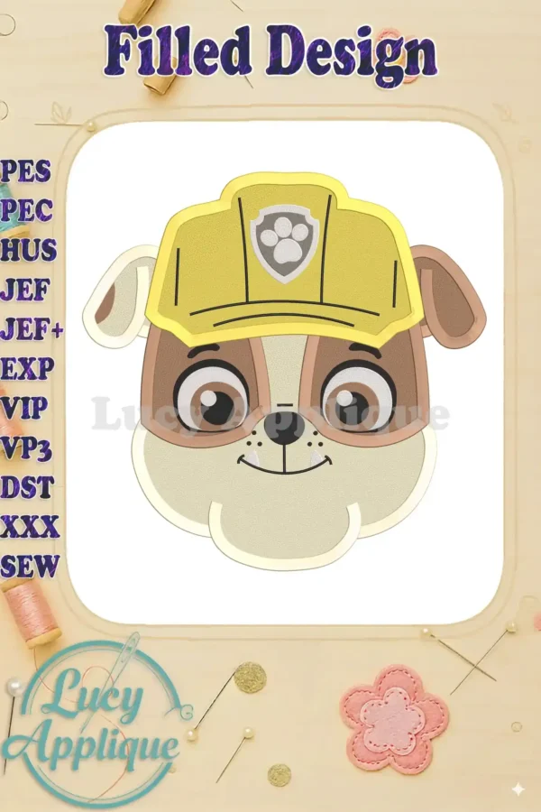 Embroidery design of Rubble from Paw Patrol wearing his yellow hard hat. The design is filled and ready to be stitched. Perfect for kids' clothes or accessories.