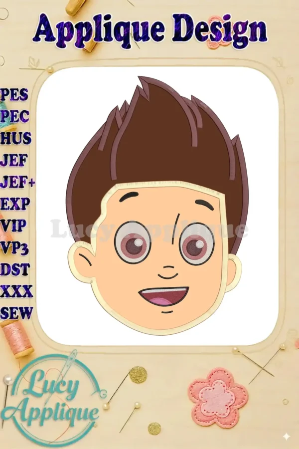 Face Ryder Paw Patrol applique embroidery design. A digital image showing a detailed design of Ryder's face, ready to be stitched. Includes various file formats for different machines.