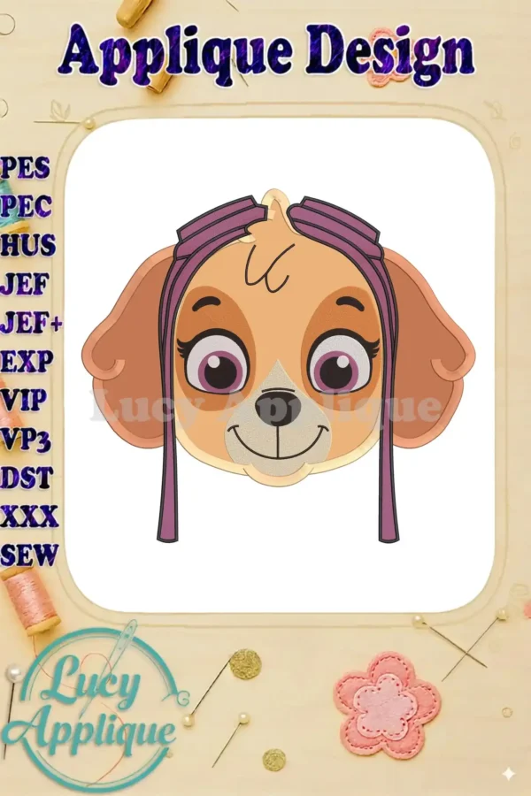 Adorable applique embroidery design of Skye from Paw Patrol, wearing aviator goggles. The design is shown on a white background with a decorative border.