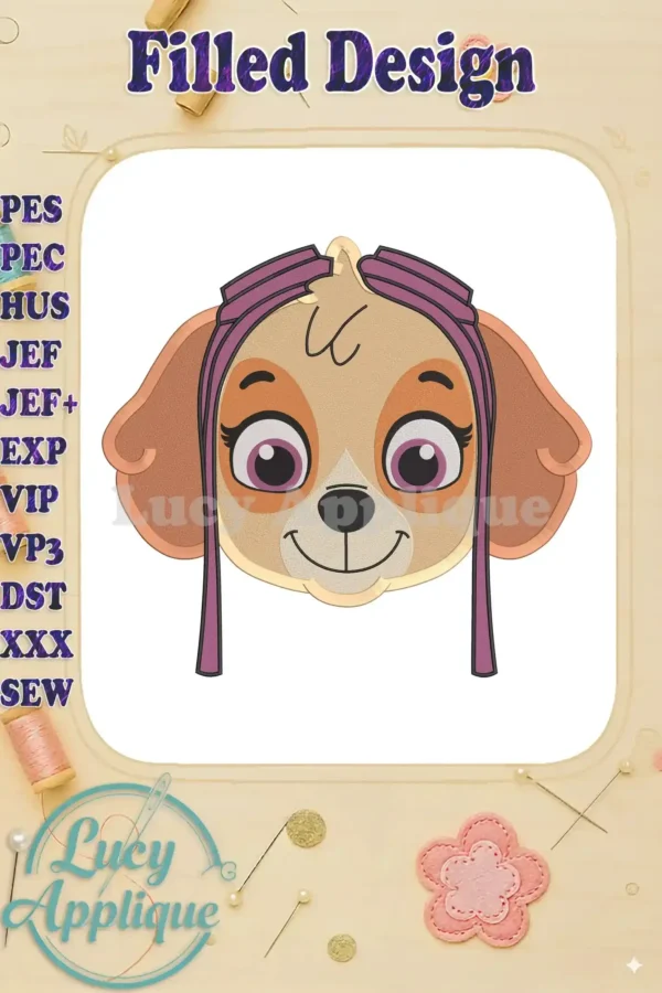Adorable Skye from Paw Patrol's face, displayed as a filled machine embroidery design. Perfect for adding a touch of Paw Patrol fun to your projects!