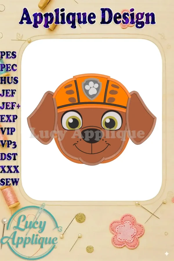 Zuma's face from Paw Patrol, a charming applique embroidery design. Perfect for kids' clothes or accessories. Detailed stitching, easy-to-follow instructions included.