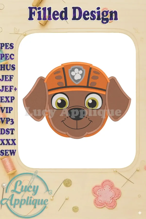 Embroidery design of Zuma from Paw Patrol, wearing his signature orange helmet. The design is filled and ready to be stitched. Perfect for adding a playful touch to clothes, bags, or home decor.