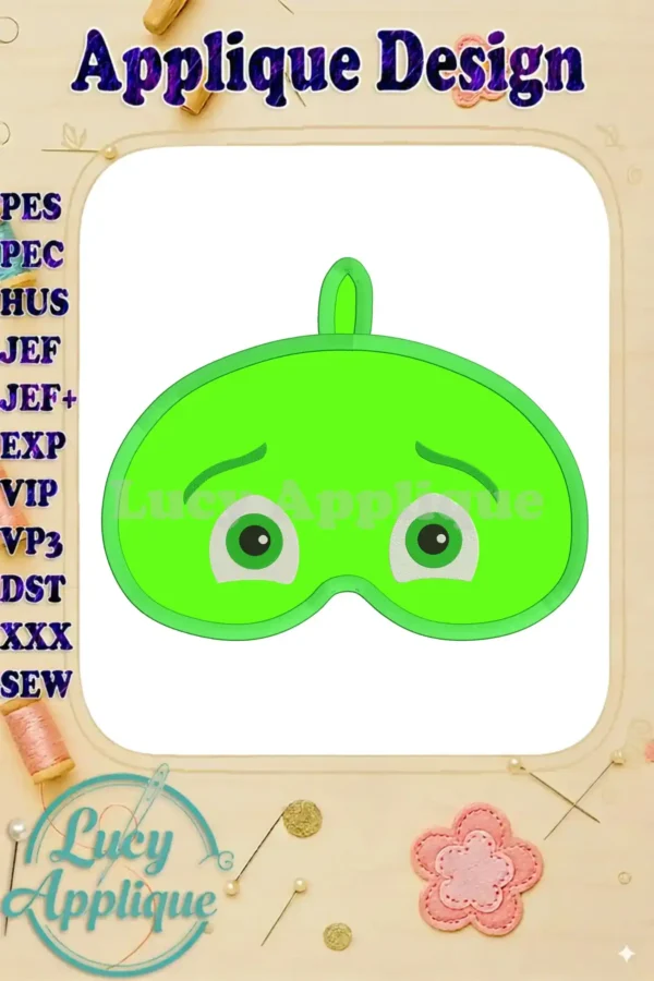 A charming PJ Masks Gekko applique embroidery design. The design shows Gekko's face on a lime green sleep mask with simple, friendly eyes. Perfect for children's clothing or accessories!
