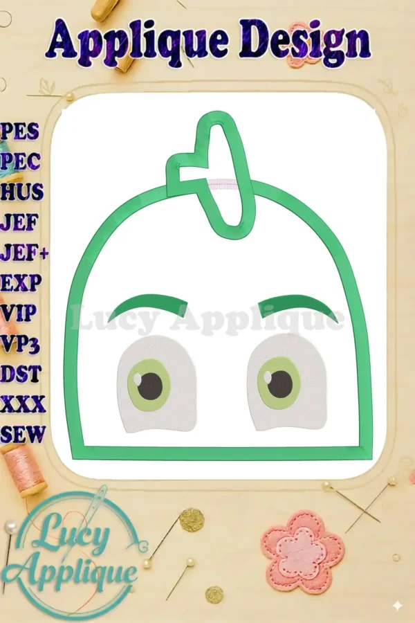 Embroidery design of Gekko from PJ Masks, shown as an applique. The design is bright green with simple features, suitable for easy stitching on various fabrics.