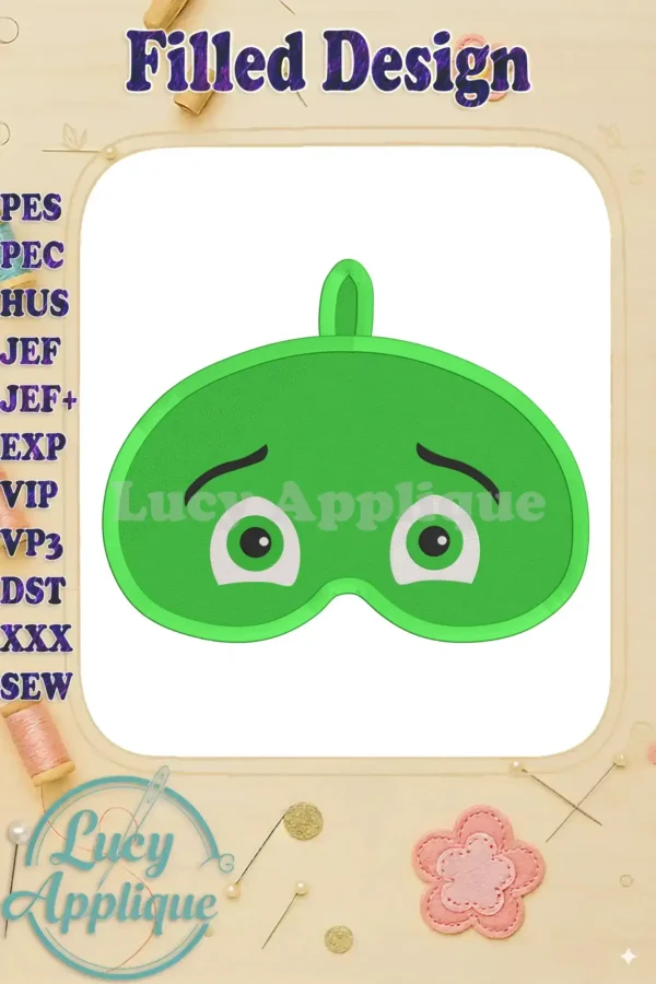 Embroidery design of Gekko from PJ Masks wearing a sleeping mask, in bright green with simple features. The design is shown on a white background with a decorative border.