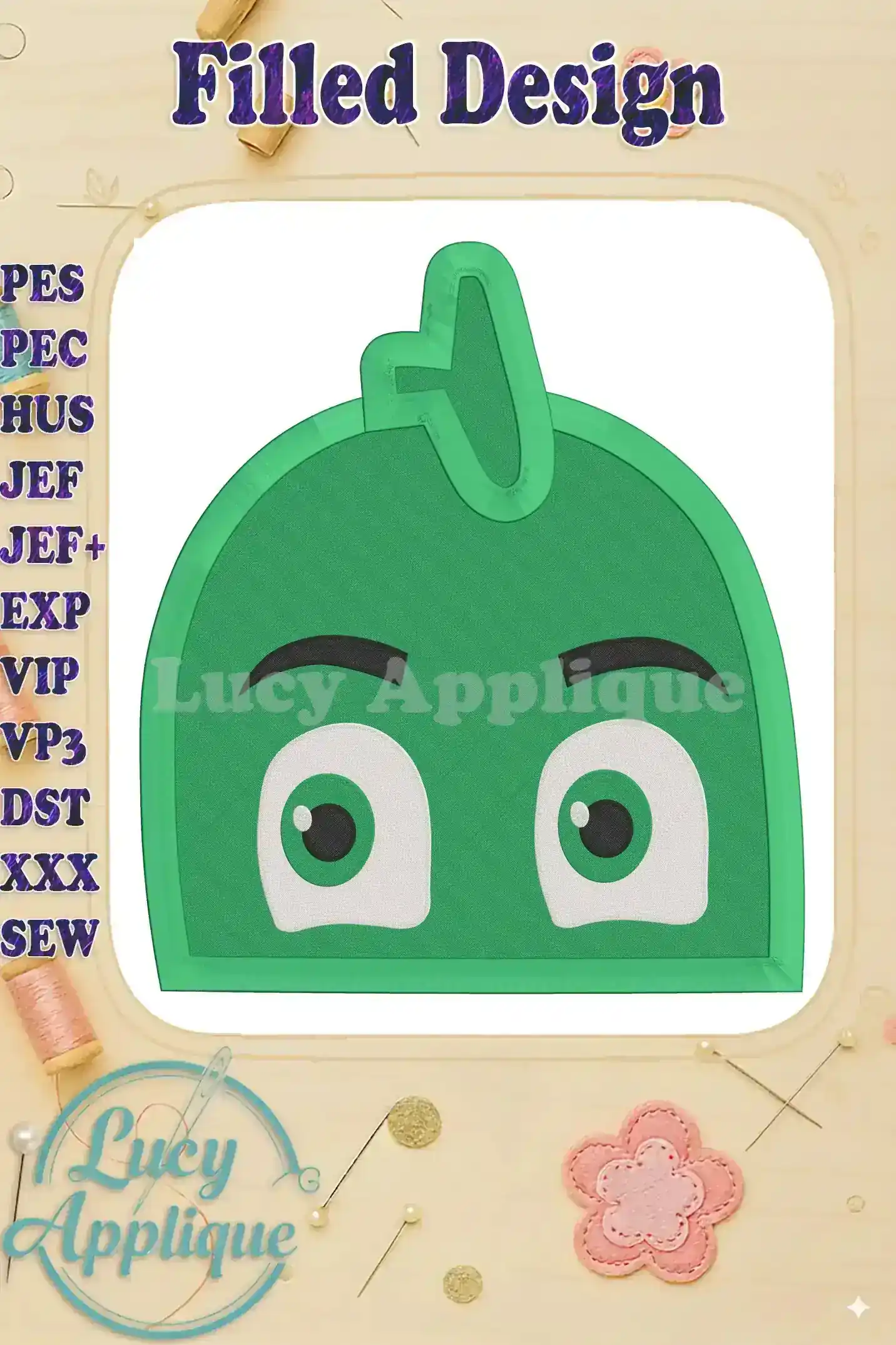 Embroidery design of Gekko from PJ Masks, showcasing a filled stitch design. The design is bright green with black eyes and eyebrows. Perfect for applique projects.