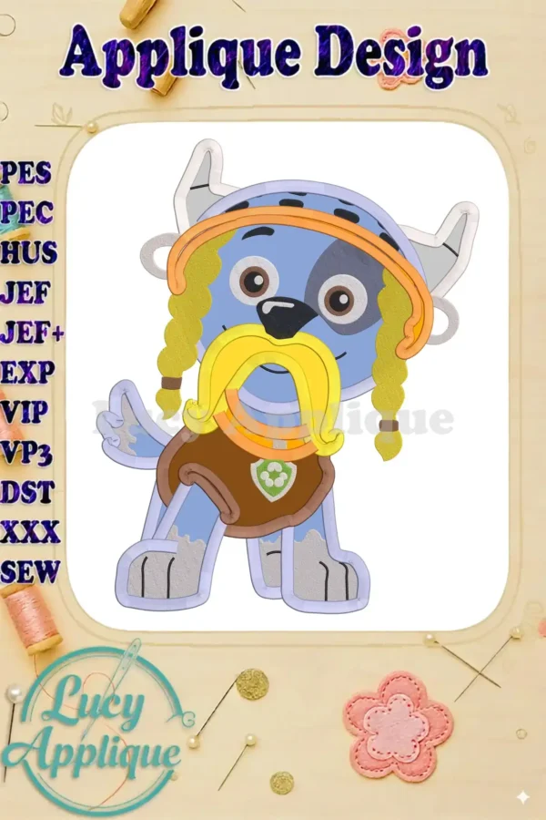 Embroidery design of Rocky from Paw Patrol dressed in a Viking costume for Halloween, shown as an applique design with various file formats listed.