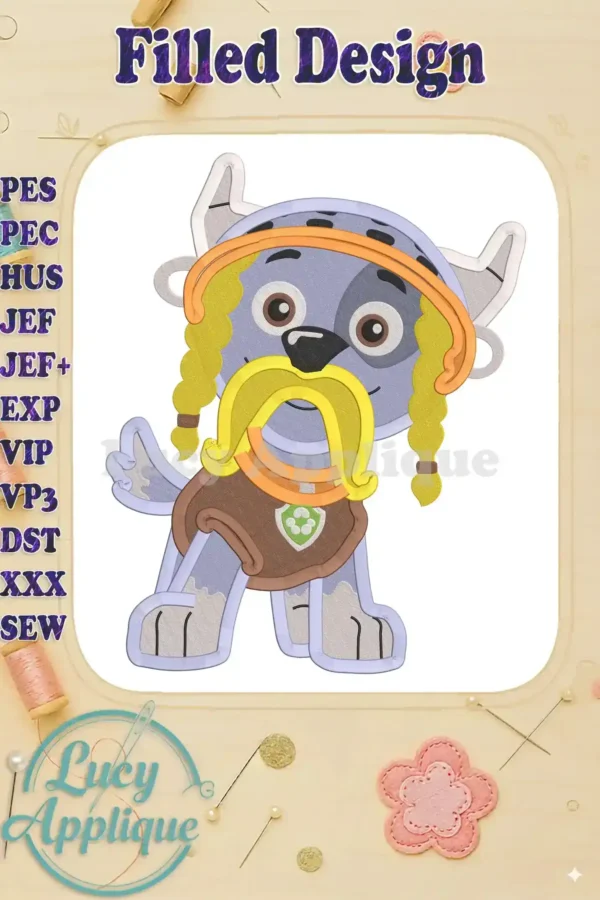 Embroidery design of Rocky from Paw Patrol dressed in a Viking costume for Halloween. The design is filled, showing detailed stitching and vibrant colors, perfect for creating spooky-cute Halloween crafts.