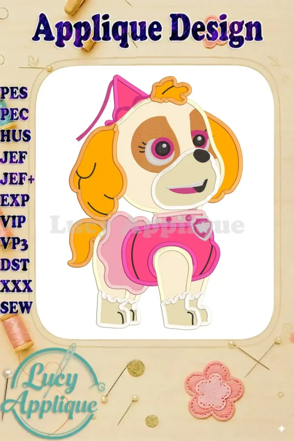 Adorable Halloween Skye from Paw Patrol in an applique design, ready to be stitched. Perfect for adding a festive touch to your projects.