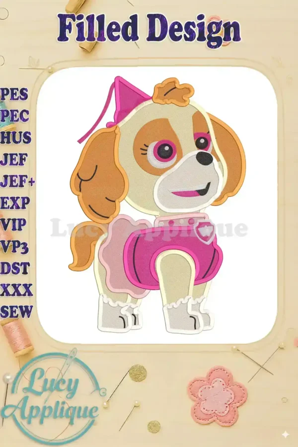 Embroidery design of Skye from Paw Patrol dressed in a Halloween costume. The design is filled and features vibrant colors, perfect for adding a festive touch to any project.