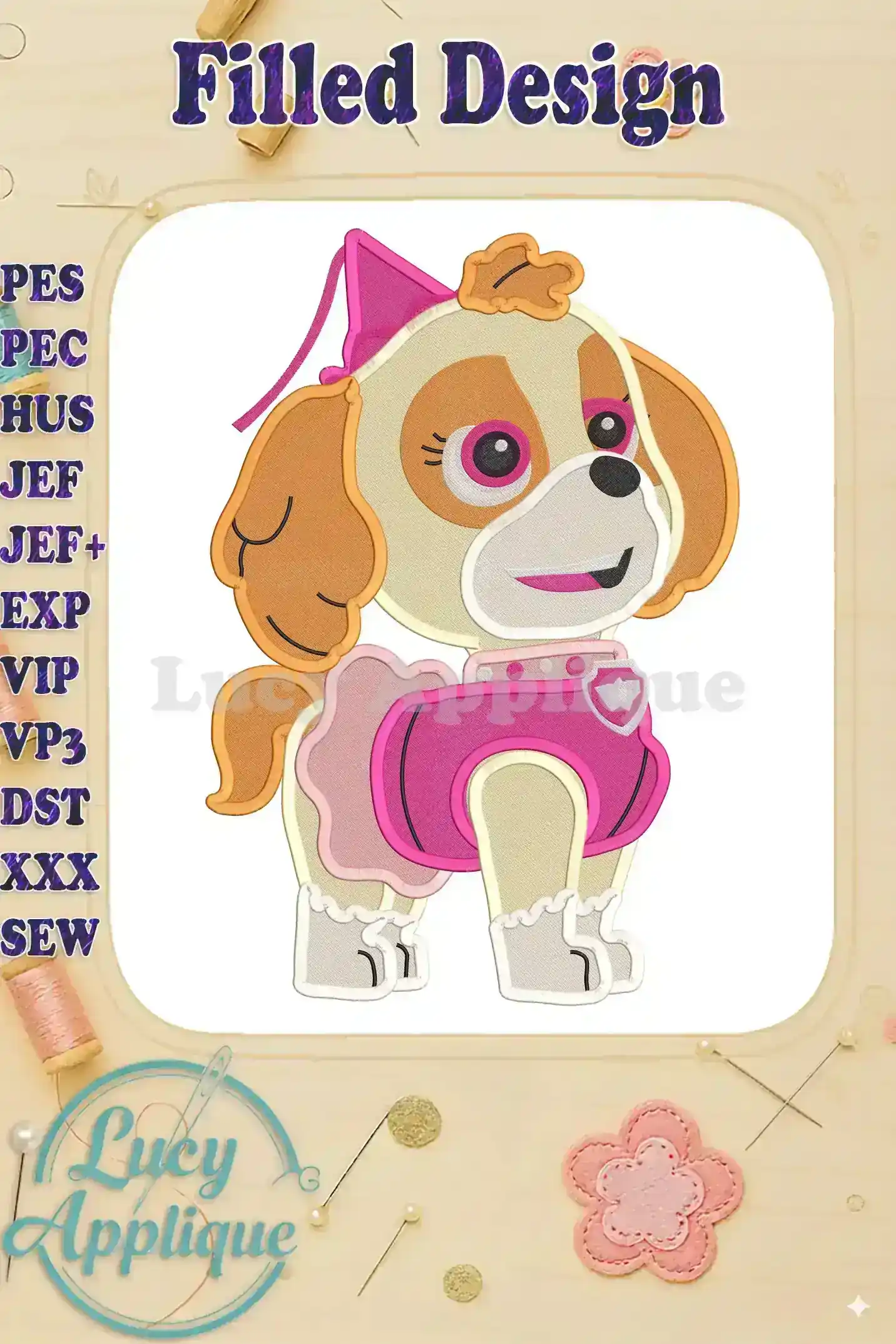 Embroidery design of Skye from Paw Patrol dressed in a Halloween costume. The design is filled and features vibrant colors, perfect for adding a festive touch to any project.