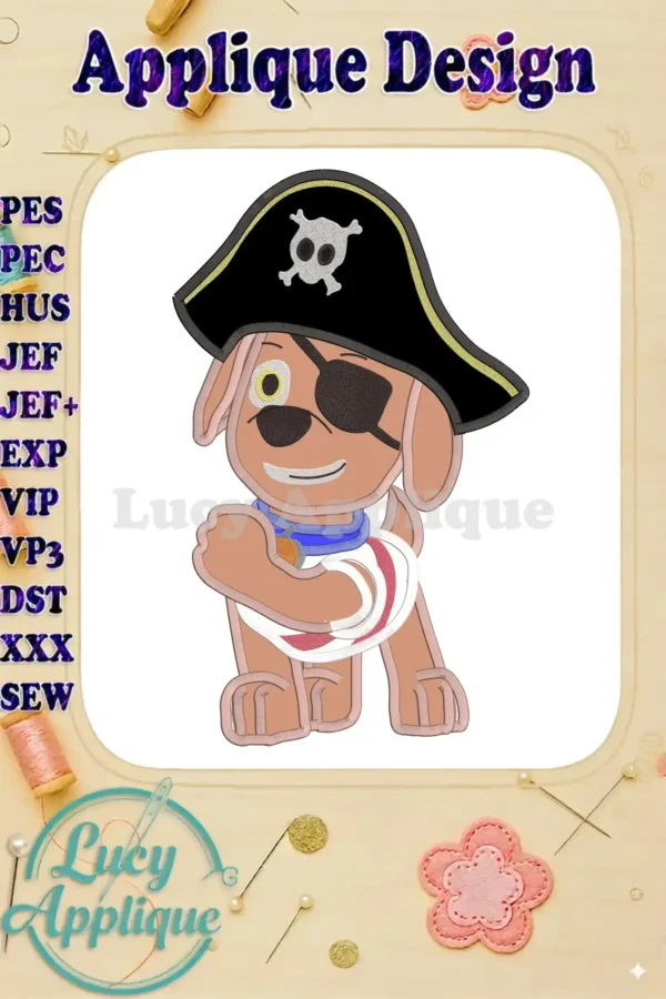 Embroidery design of Paw Patrol's Zuma dressed as a pirate for Halloween. The applique features detailed stitching and vibrant colors, perfect for adding a festive touch to any project.