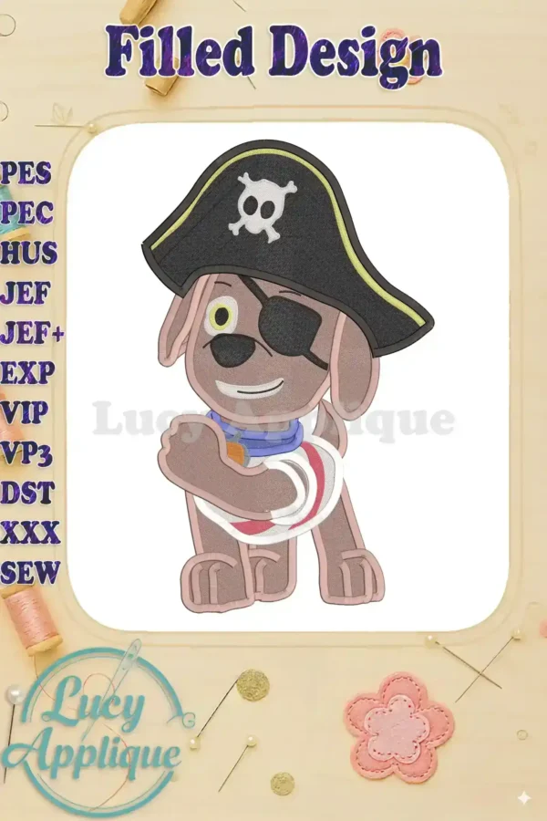 Embroidery design of Paw Patrol's Zuma dressed as a pirate for Halloween. The design uses filled stitches and is shown on a light background.