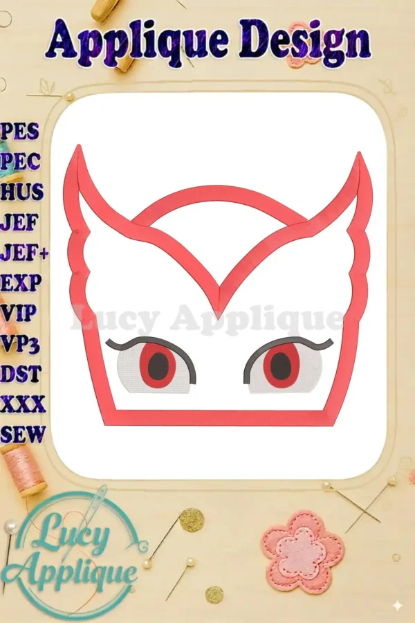 Embroidery design of Owlette from PJ Masks, shown as a red applique. The design is simple yet detailed, perfect for beginners and experienced embroiderers alike.