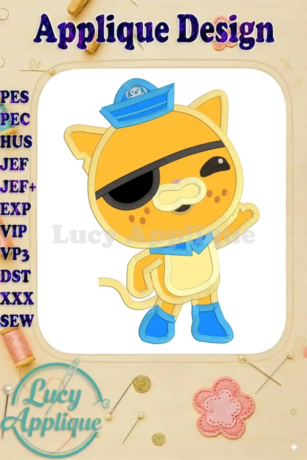Adorable Kwazii Kitten from Octonauts, depicted in an applique embroidery design. The image showcases the finished design with various stitch types and color details.