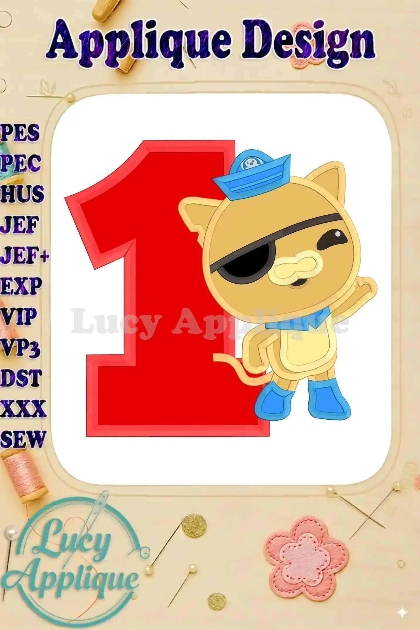 Embroidery design of Kwazii Kitten from Octonauts, wearing a captain's hat, next to the number 1. Applique style, suitable for birthday projects.