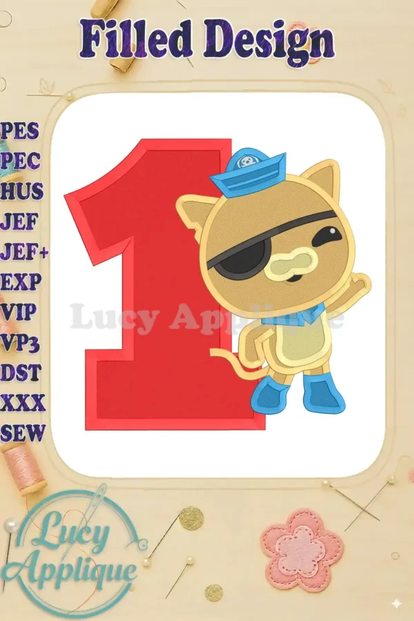 Embroidery design of Kwazii from Octonauts, wearing a captain's hat, beside a large number 1. Perfect for a first birthday celebration, this filled design is ready to stitch!