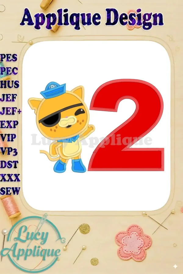 A charming applique embroidery design featuring Kwazii Kitten from Octonauts, celebrating a 2nd birthday. The design includes Kwazii and the number 2.