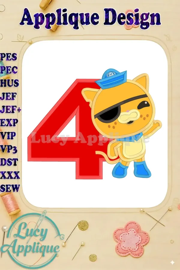 A charming applique embroidery design featuring Kwazii Kitten from Octonauts, celebrating his 4th birthday. The design includes a large number 4 and Kwazii in his iconic outfit.