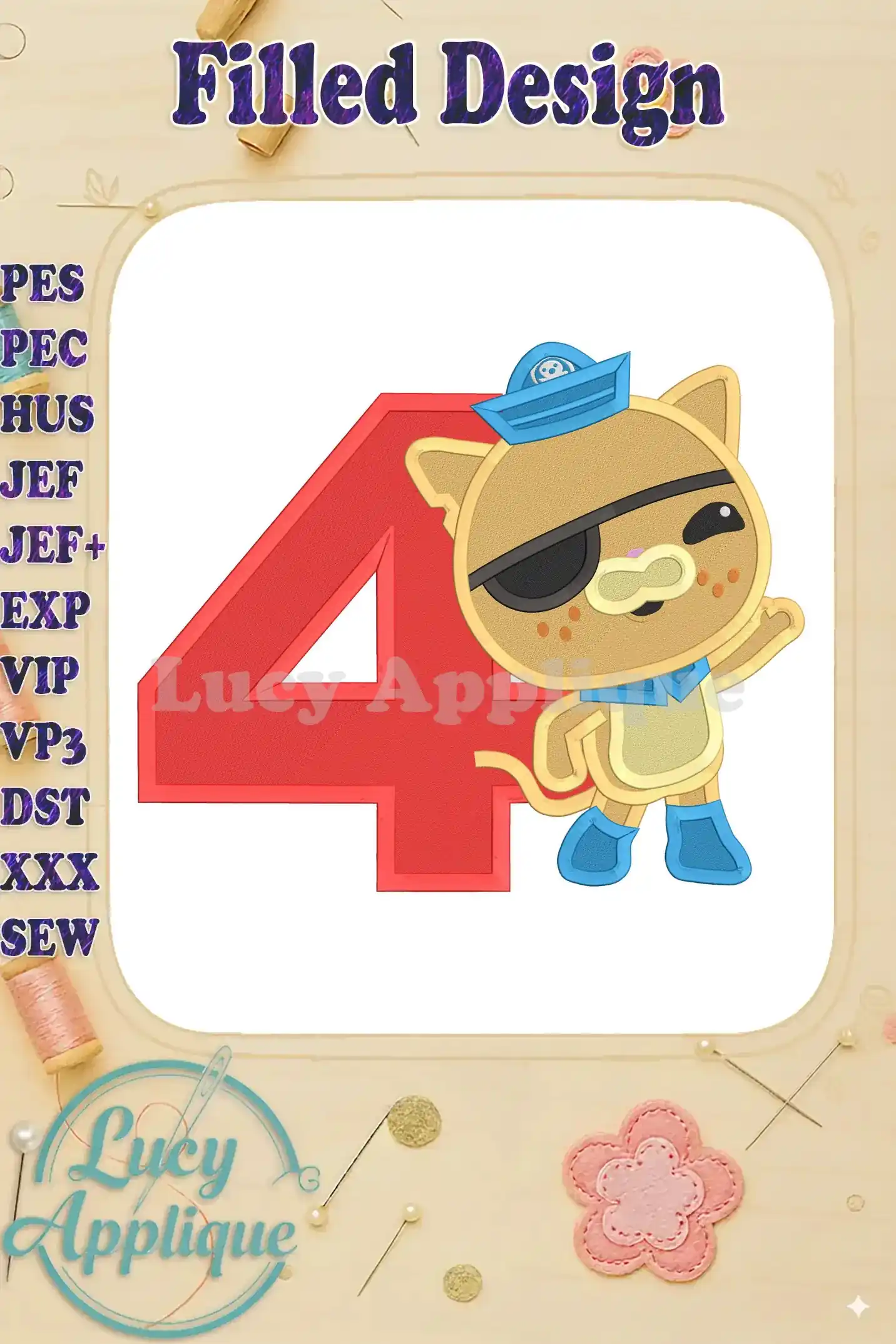 Embroidery design of Kwazii the Kitten from Octonauts, wearing a captain's hat and eye patch, next to the number 4. Perfect for a 4th birthday celebration.