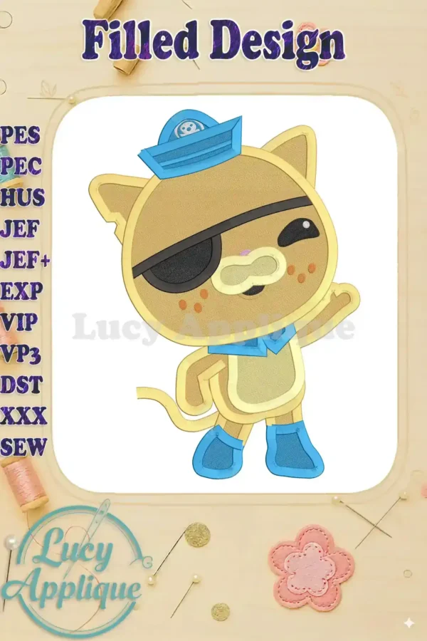 Embroidery design of Kwazii Kitten from Octonauts, wearing his signature hat and eye patch. The design is in filled stitch style, perfect for adding to clothes or accessories.