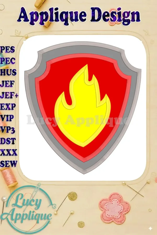 Embroidery design of Marshall's Paw Patrol shield. The applique features a red shield with a yellow flame, perfect for adding a fiery touch to any project.