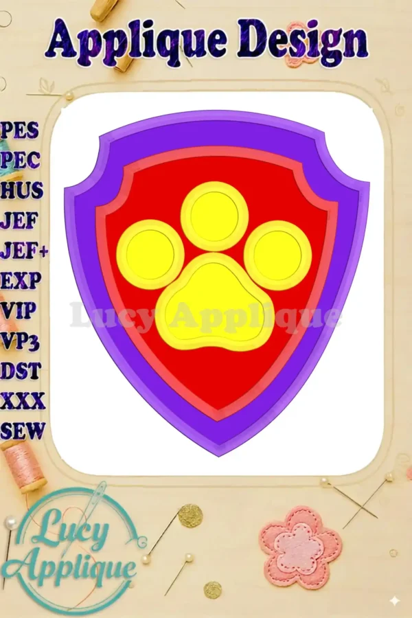 Embroidery design of the Paw Patrol logo, a red shield with a yellow paw print, in applique style. Perfect for adding to clothing or accessories.