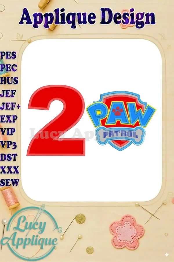 Embroidery design showcasing a vibrant red number 2 and the Paw Patrol logo, ready for applique. Detailed instructions are included for easy embroidery.