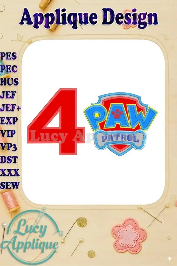 Embroidery design showcasing the number 4 and the Paw Patrol logo, ready for applique. This design is perfect for a 4th birthday celebration.