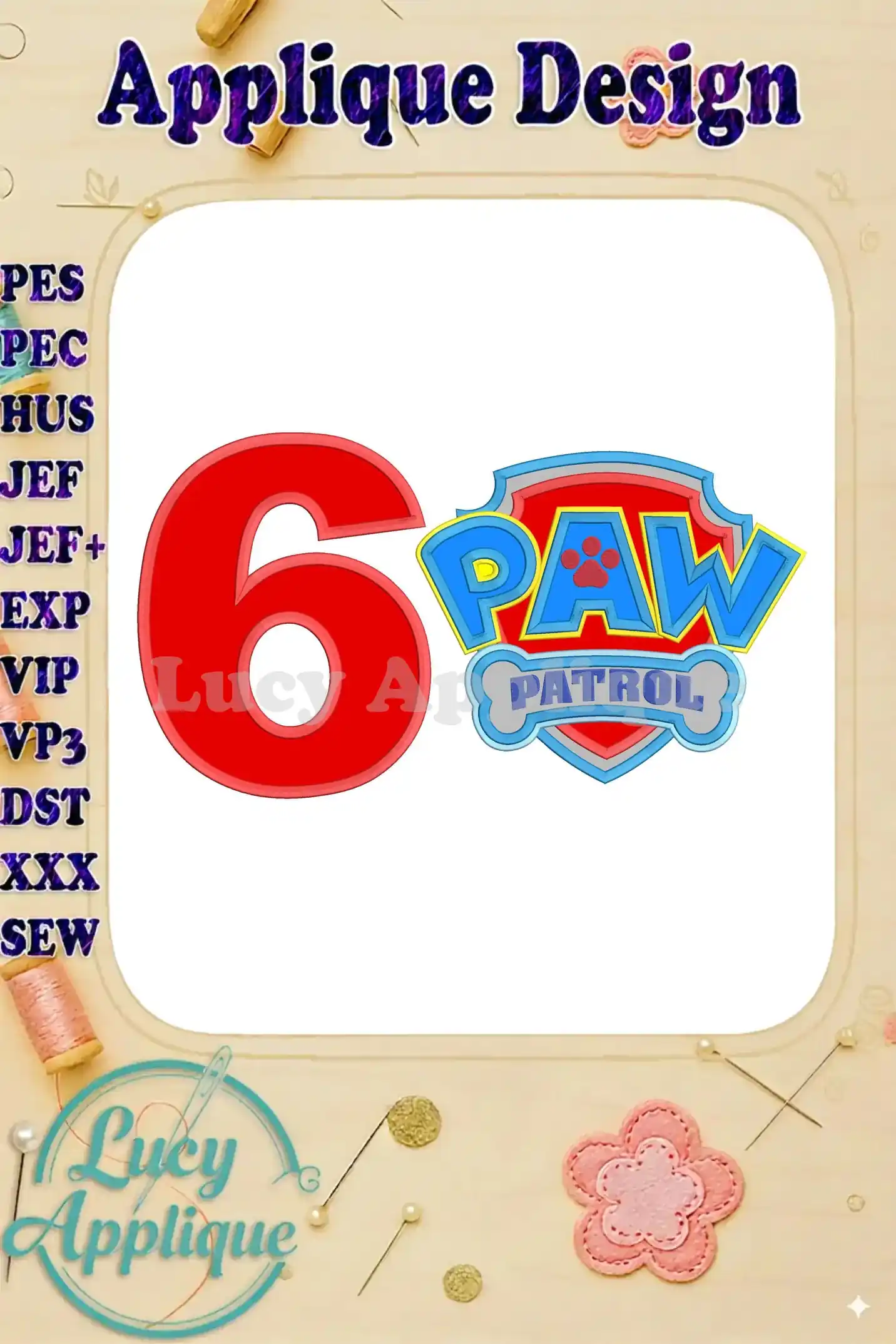 Embroidery design featuring the number 6 and the Paw Patrol logo, ready to be stitched. Perfect for a 6th birthday celebration, with various file formats included for different embroidery machines.