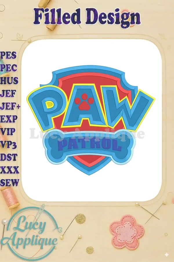 Embroidery design of the Paw Patrol logo. The logo is in a shield shape with the words "PAW PATROL" in blue, red, and yellow letters. The background is white.