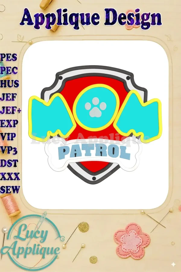Embroidery design of the Paw Patrol logo with MOM written across it, perfect for applique projects. Includes a shield shape and bone accents.