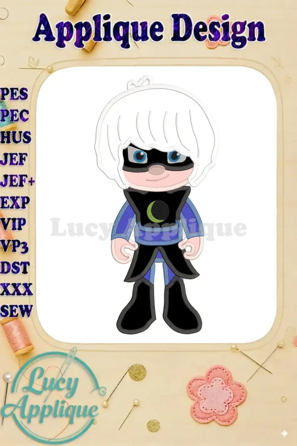 Luna Girl from PJ Masks, depicted in an applique embroidery design, ready to be stitched. The design showcases her signature outfit and crescent moon.