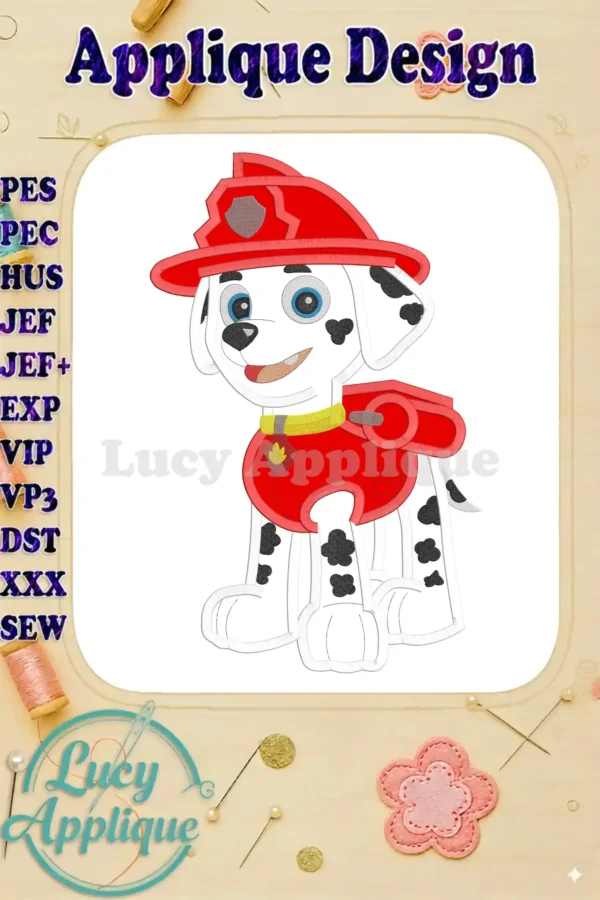 Embroidery design of Marshall from Paw Patrol, in his firefighter uniform, ready to be stitched. Applique design with various file formats included.