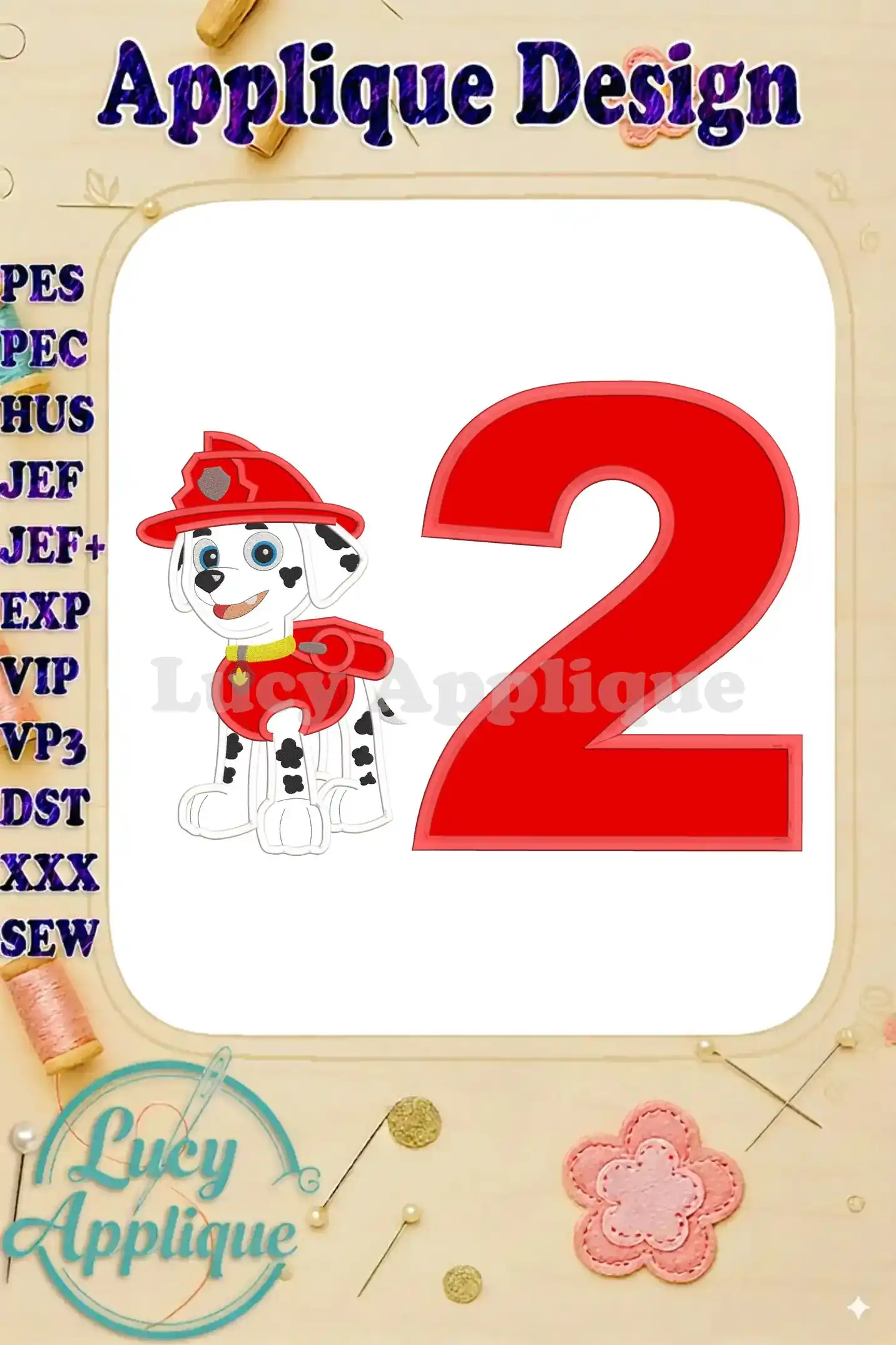 Embroidery design featuring Marshall from Paw Patrol as a firefighter, next to the number 2; perfect for a birthday celebration.