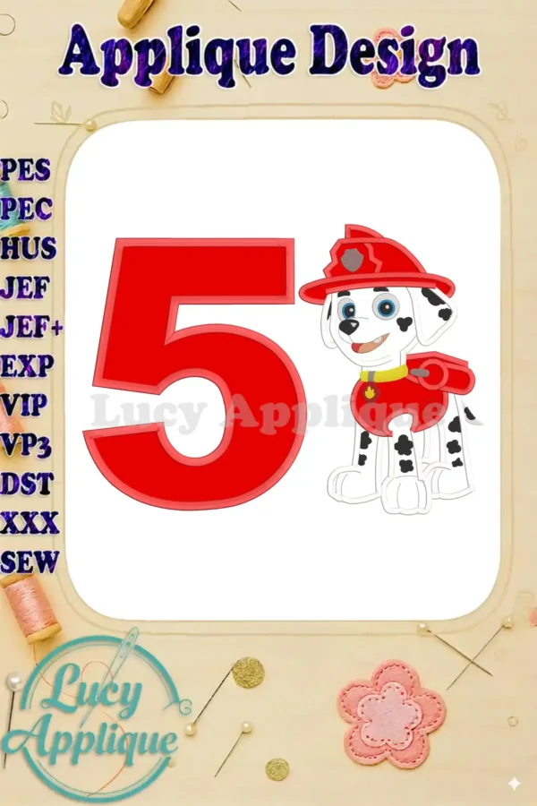 Embroidery design featuring Marshall from Paw Patrol, a number 5, and a firefighter hat, suitable for a 5th birthday celebration.
