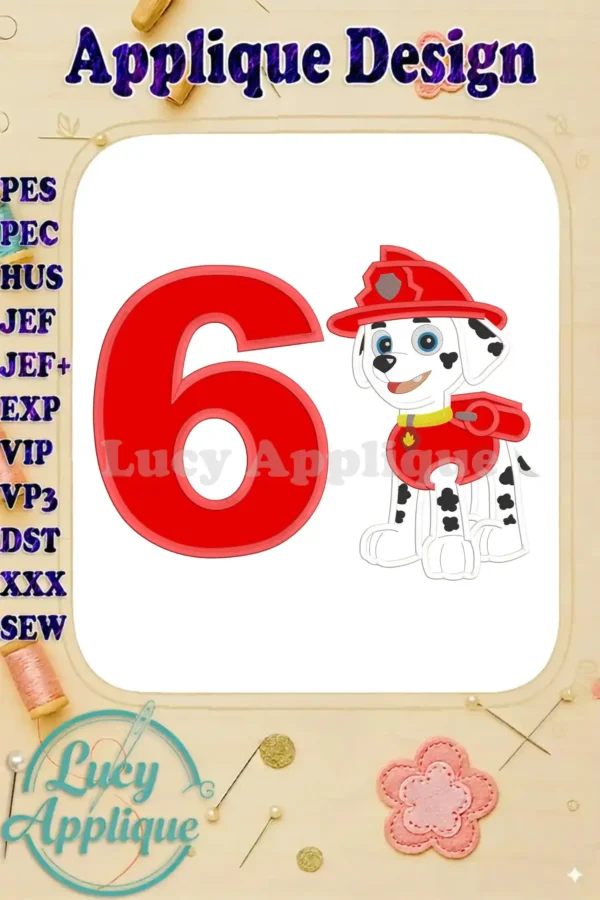 Embroidery design featuring Marshall from Paw Patrol, dressed as a firefighter, next to the number 6. Perfect for a 6th birthday celebration, this applique design is ready to stitch.