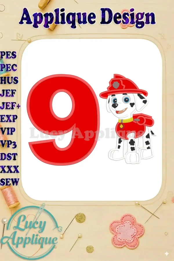 Embroidery design of number 9 with Marshall from Paw Patrol, in red and white, ideal for a 9th birthday celebration. Applique design.