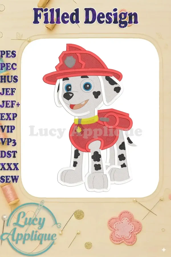 Embroidery design of Marshall from Paw Patrol, dressed as a firefighter, in filled stitch style. The design is displayed on a white background.